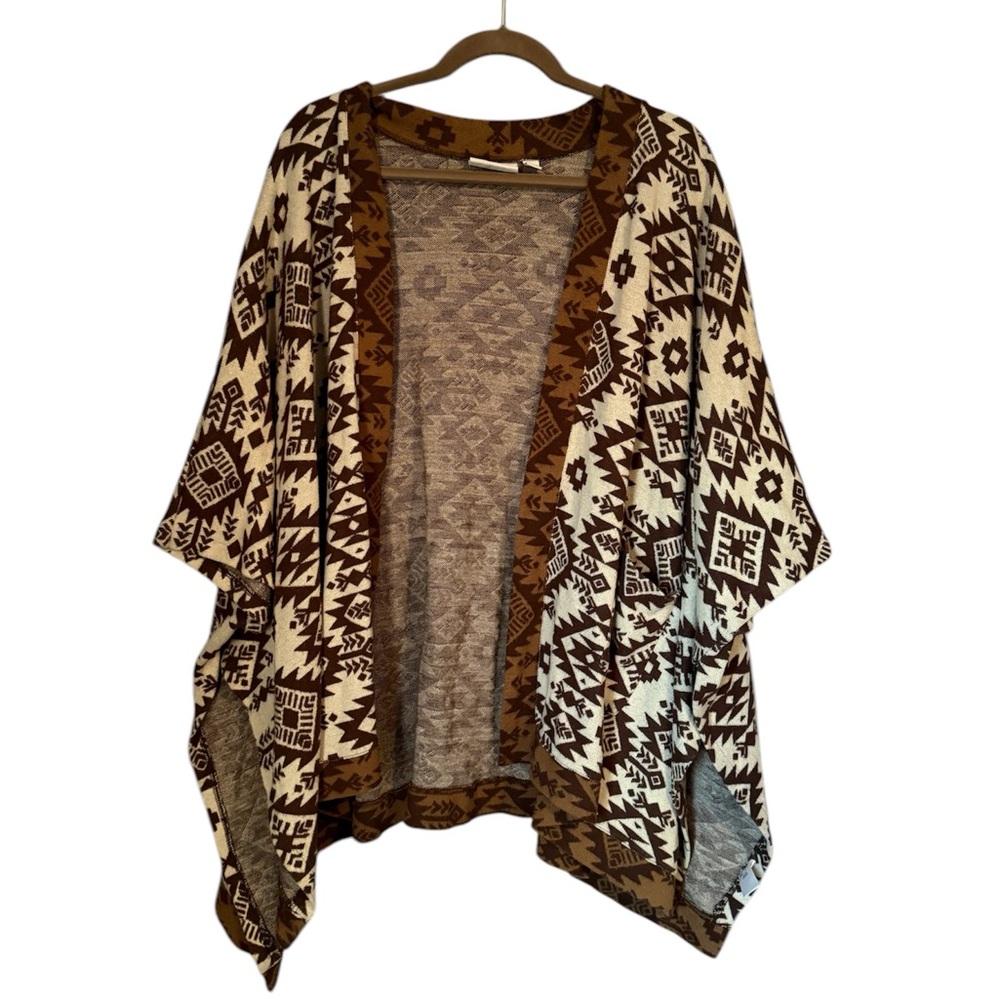 One Size Oversized Western Aztec Brown Shawl Ruana Cape Open Cardigan Cozy Warm